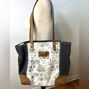 Myra Bag Floral Canvas Tote Bag  Leather Straps and Corners EUC
